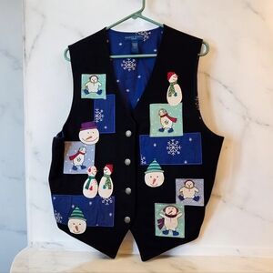 Karen Scott Black Vest with Snowman Appliqué Vintage Button Up Christmas Vest
